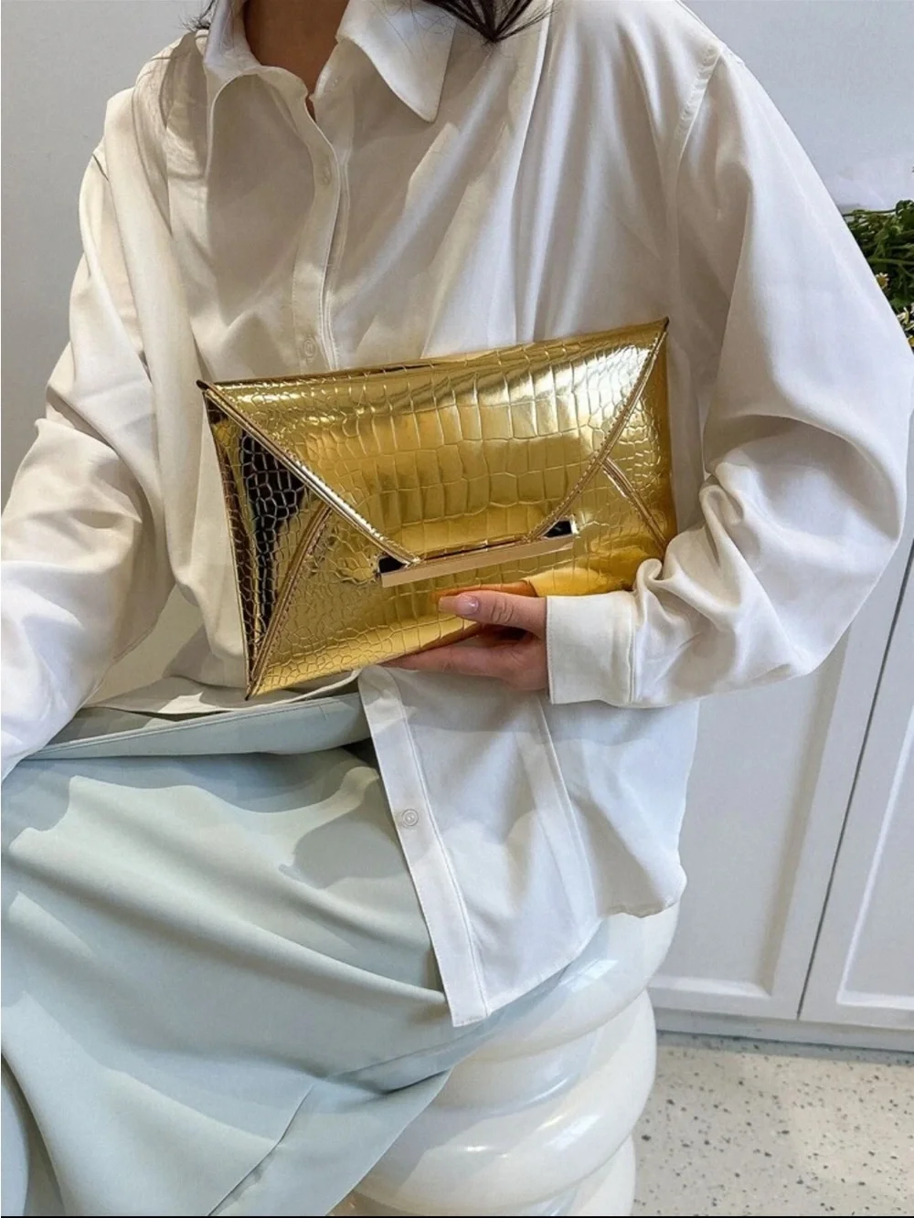 Gold Croc-Embossed Envelope Clutch